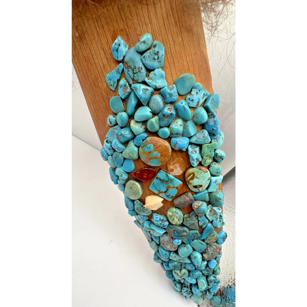 Native American Navajo Hand carved Peace Pipe Wood Leather Turquoise Fur 16.5